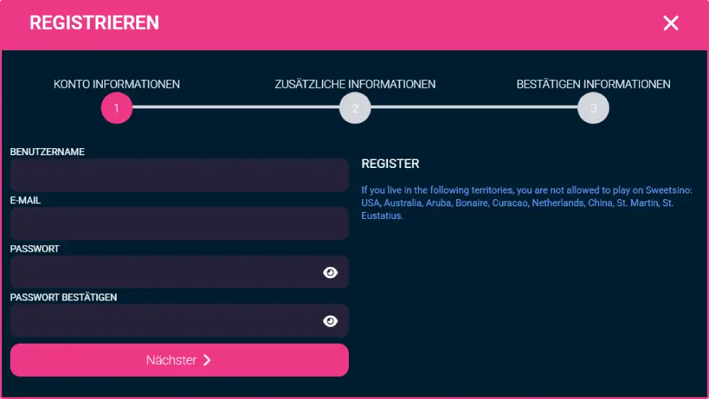 Sweetsino Casino Registrierung